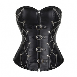 Black PU Leather Overbust Corset Bustiers Tops Steampunk Gothic Corsets