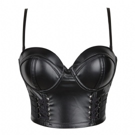 PU Leather Overbust Corset Bustier Crop Tops with Strap