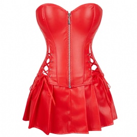 PU Leather Corset Dress Suit Clubwear with Zipper