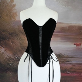 Overbust Corset Tops for Women Fashion Black Velvet Lace Up Body Shaper