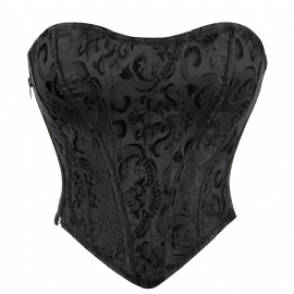 Black Brocade Overbust Corset Bustier Crop Top with Zipper