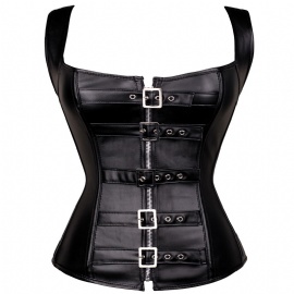 Black Leather Steampunk Overbust Corsets Bustiers Gothic Korsett