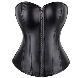 Black Leather Overbust Corset Bustier Tops with Zipper