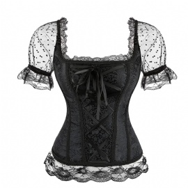 Sexy Black Brocade Overbust Corset Tops with Sleeve