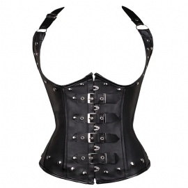 Sexy Women's PU Leather Underbust Corsets Black Halter Neck Corsets and Bustiers