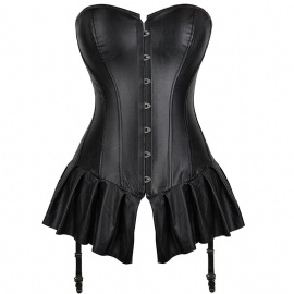 Plus Size Black Faux Leather Overbust Corsets and Bustiers with Mini Skirt